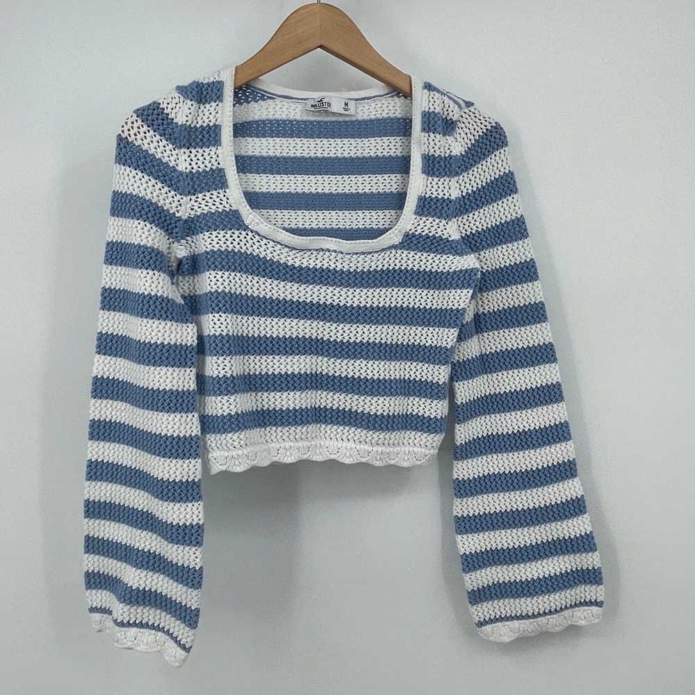 Hollister Blue White Striped Crochet Knit Sweater Square Neck Crop Top Medium